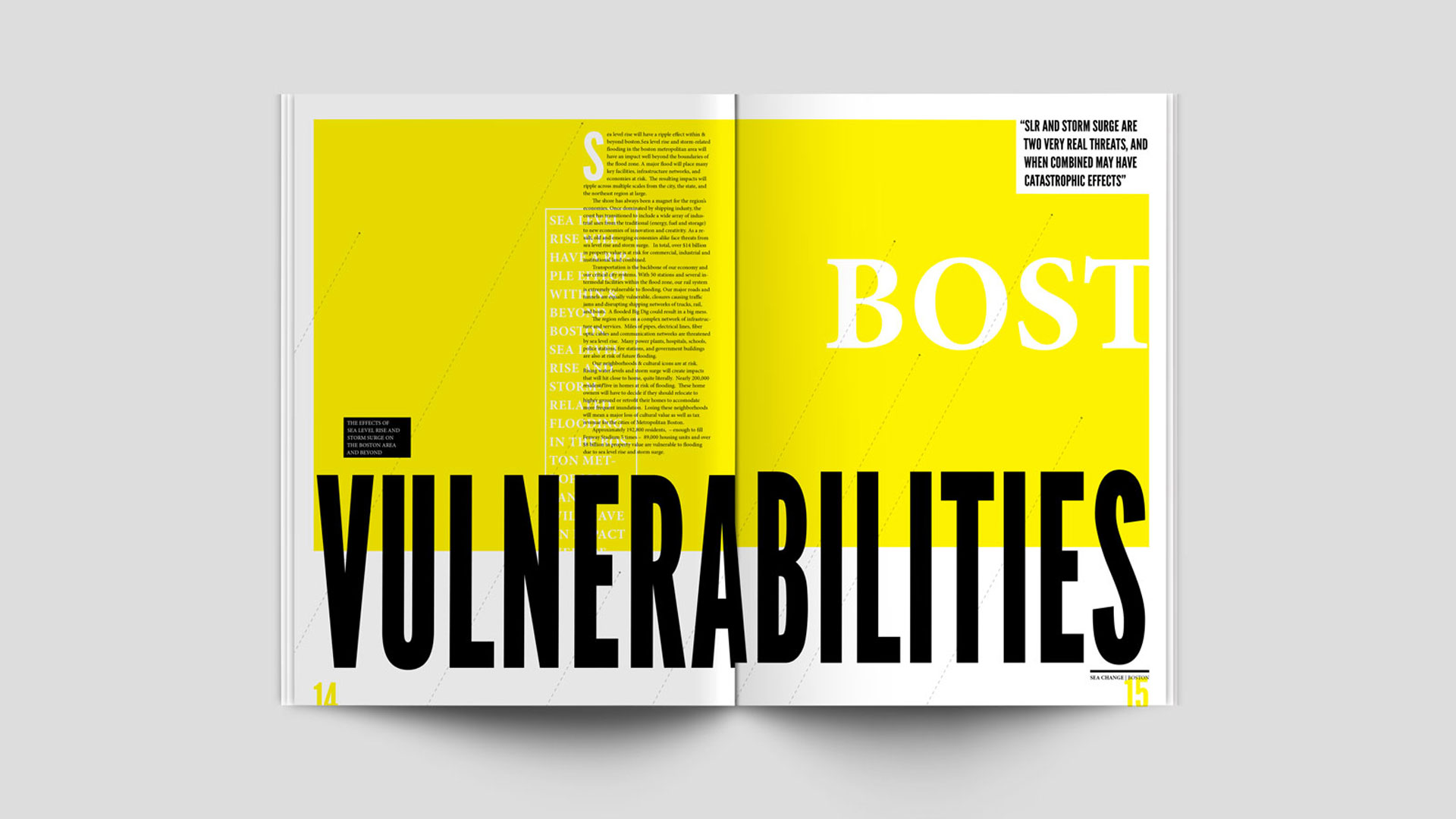 An image of a book opened to a spread. The spread has a lot of yellow and typography on the page. Design was made in Adobe Indesign.